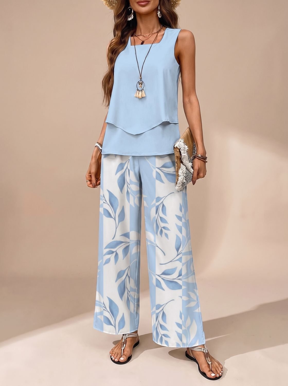 Women's Sleeveless Square-Neck Loose-Fit Floral 2-Piece Set, Light Blue - Blue