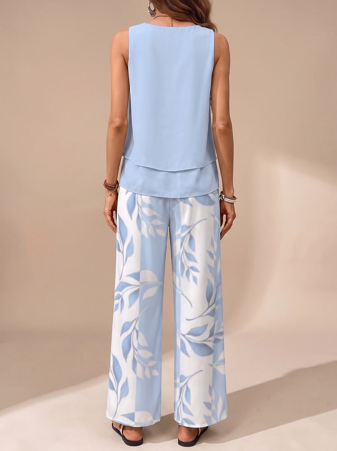 Women's Sleeveless Square-Neck Loose-Fit Floral 2-Piece Set, Light Blue