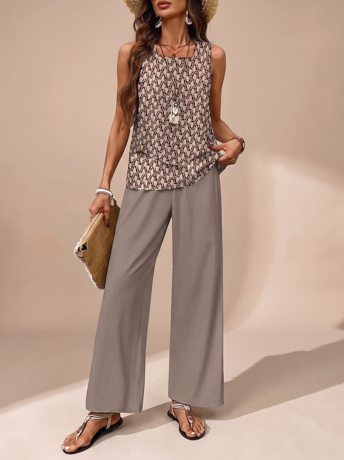 Women's Sleeveless Square-Neck Loose-Fit Floral 2-Piece Set, Light Blue - Khaki