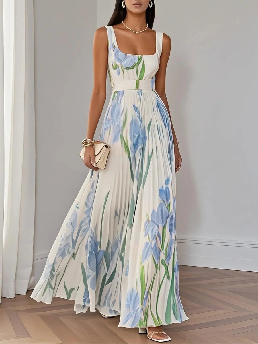Women's Sleeveless Square-Neck Pleated Floral Maxi Dress - Light Blue