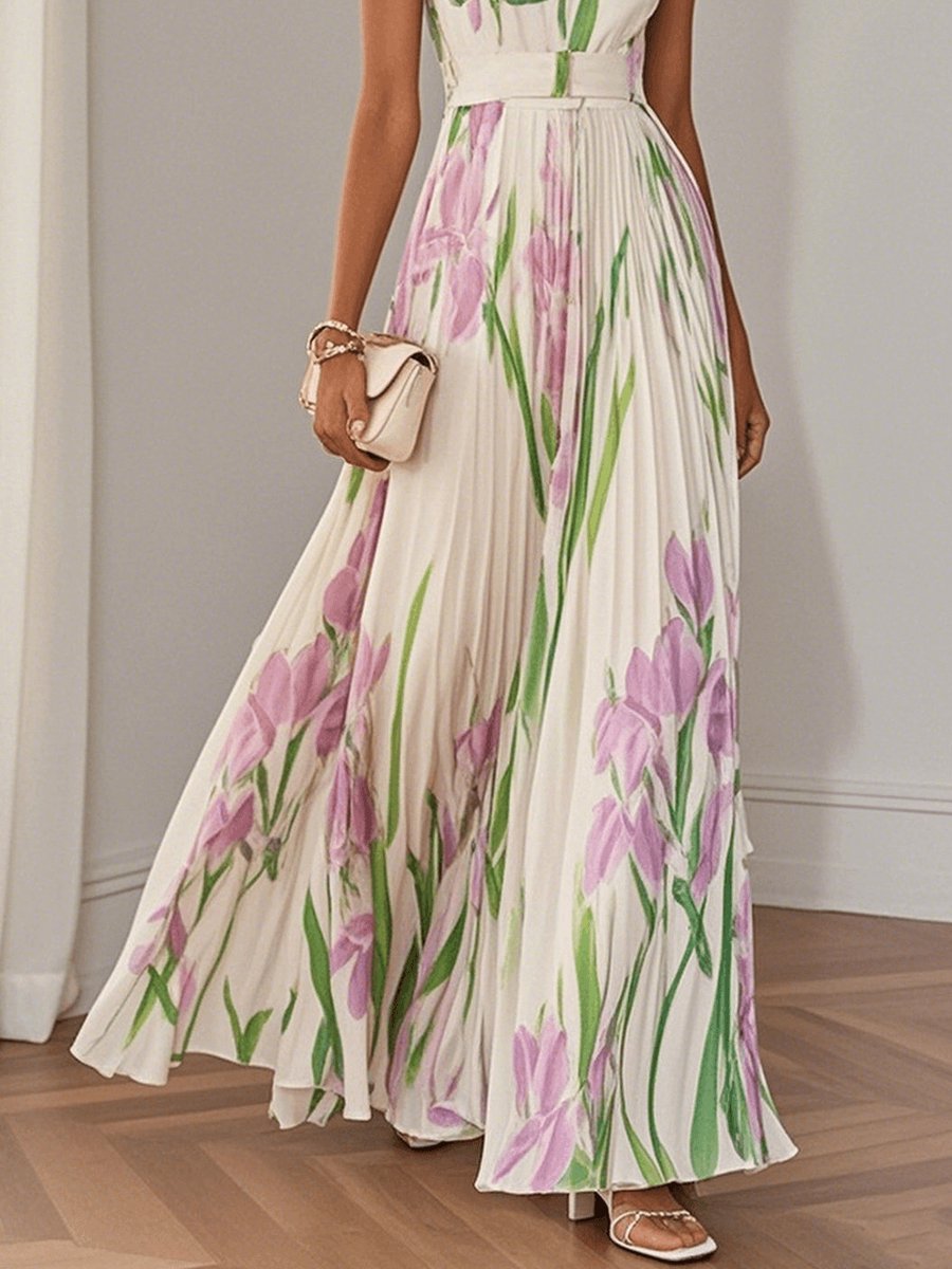 Women's Sleeveless Square-Neck Pleated Floral Maxi Dress