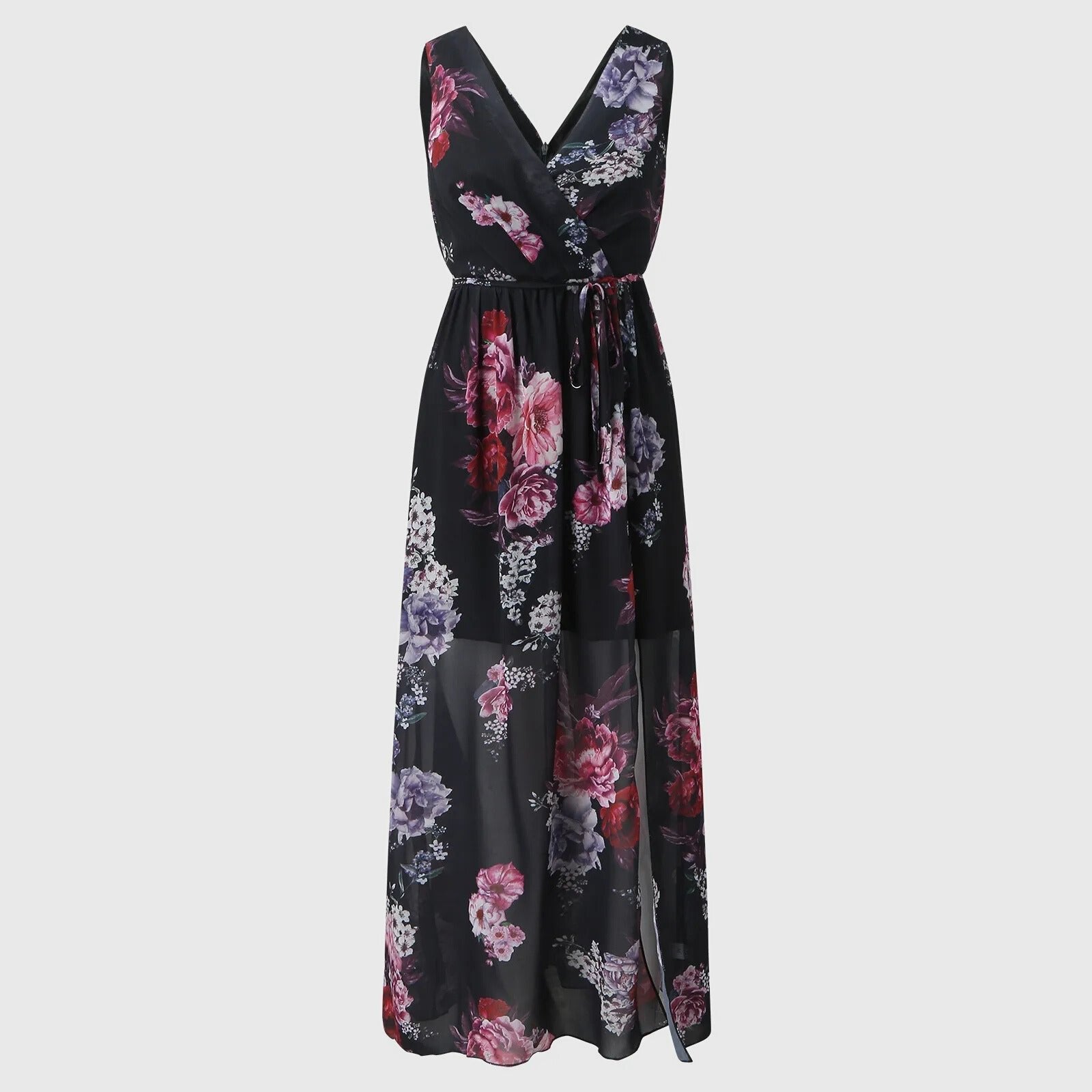 Women's Sleeveless V-Neck Wrap Floral Maxi Dresses Side Slit