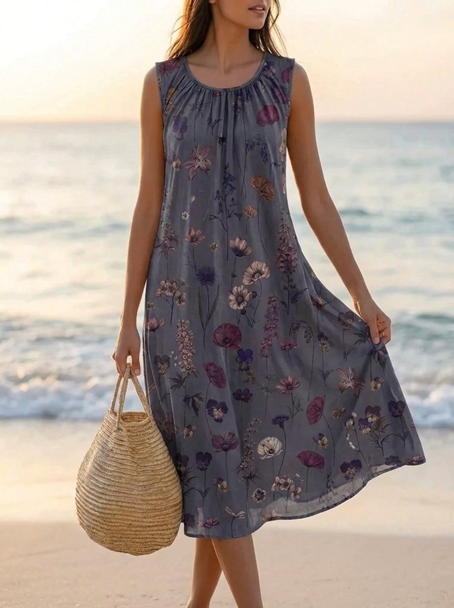 Women's Sleeveless Vintage Floral Summer Dress Midi Length - Multicolour