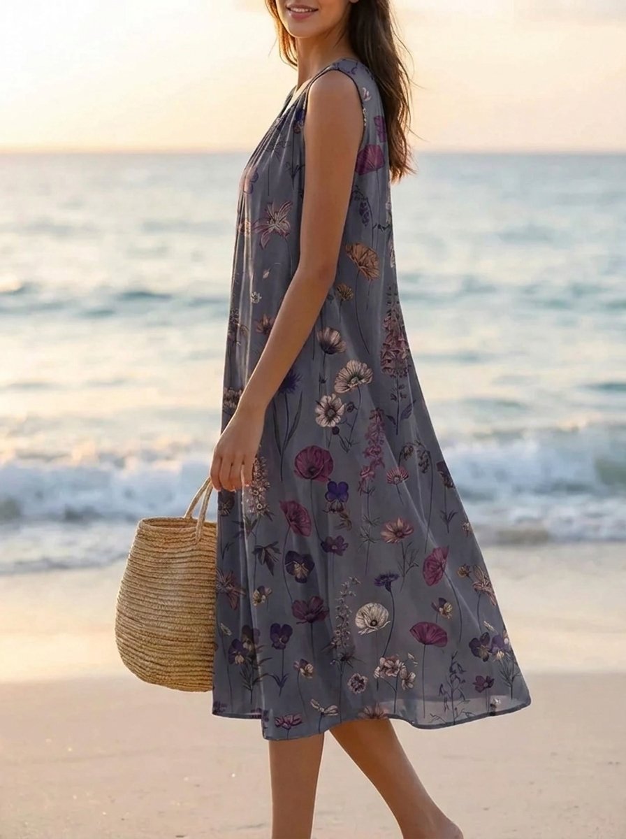 Women's Sleeveless Vintage Floral Summer Dress Midi Length