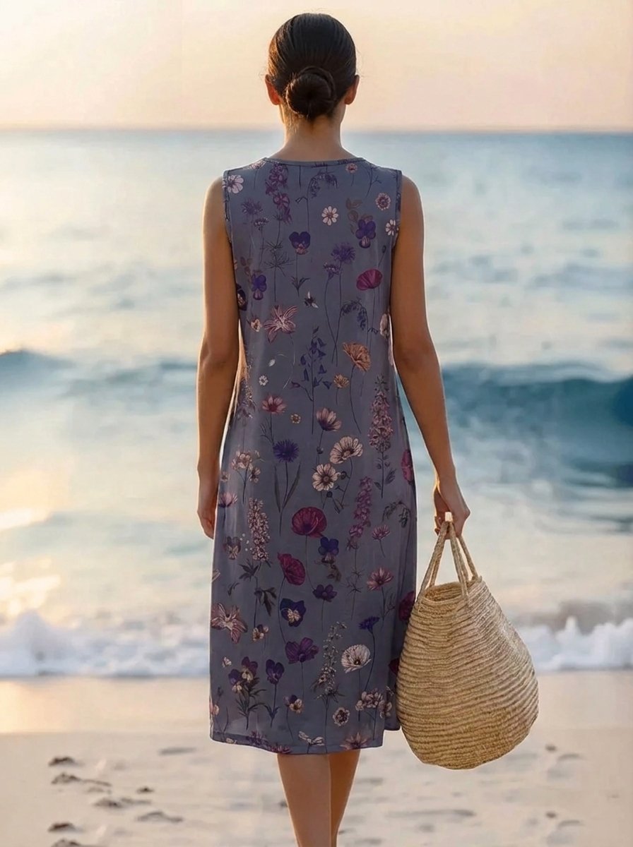 Women's Sleeveless Vintage Floral Summer Dress Midi Length