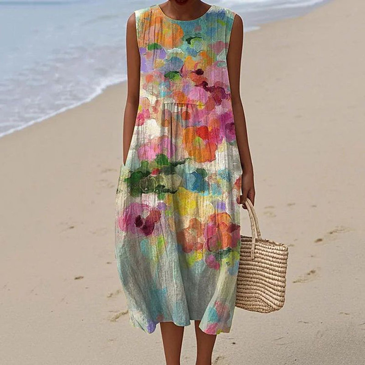 Women's Sleeveless Watercolour Print Relaxed Midi Dress Pockets