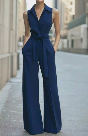 Women's Sleeveless Wide-Leg Button-Front Belted Jumpsuit - Navy Blue