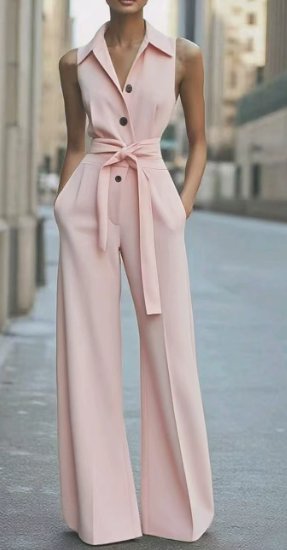 Women's Sleeveless Wide-Leg Button-Front Belted Jumpsuit - Pink