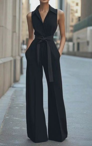 Women's Sleeveless Wide-Leg Button-Front Belted Jumpsuit - Black