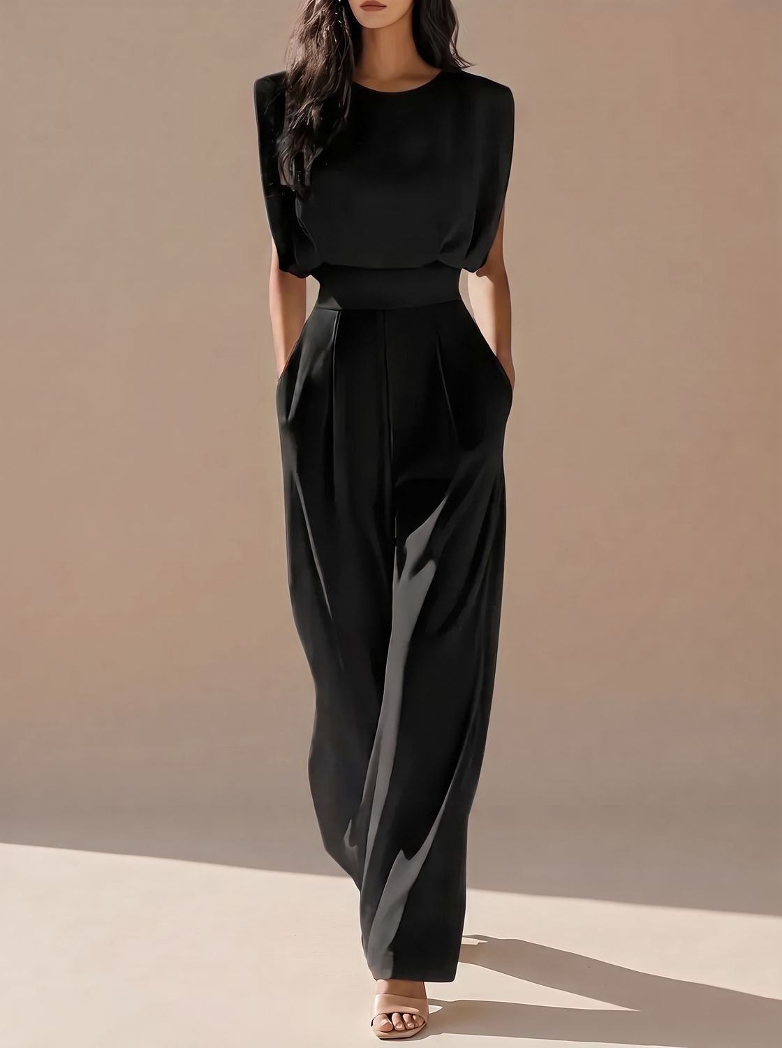 Women's Sleeveless Wide-Leg Structured Shoulder Jumpsuit - Black
