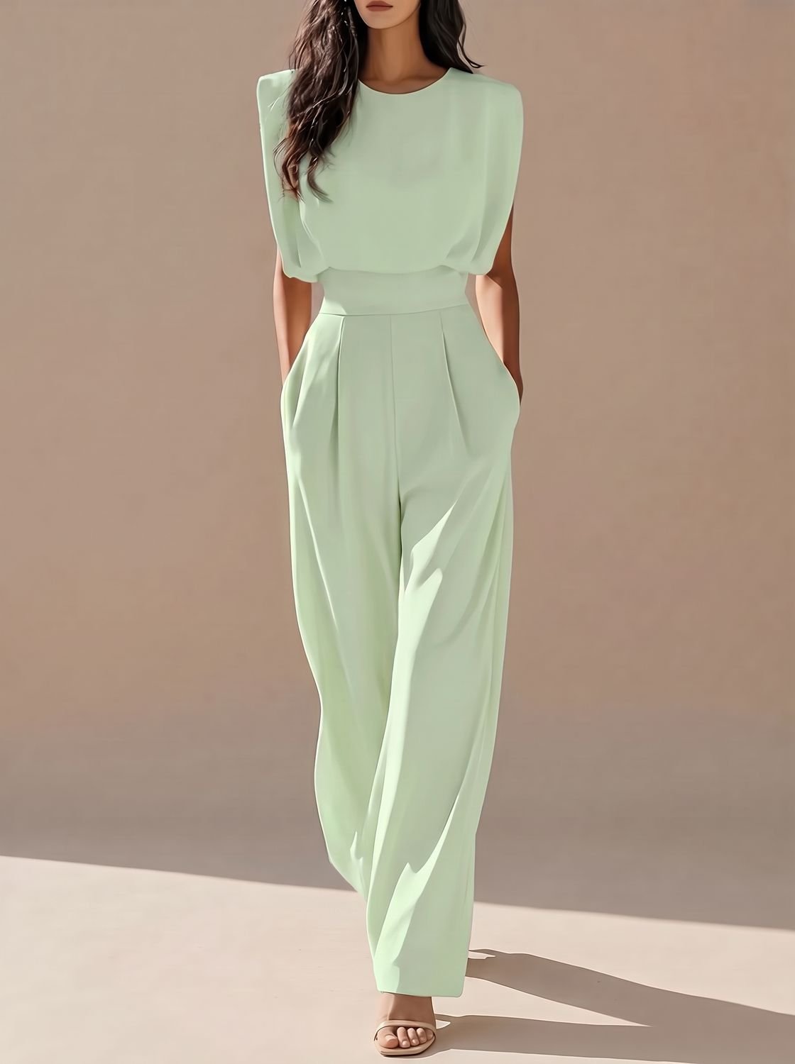 Women's Sleeveless Wide-Leg Structured Shoulder Jumpsuit - Light Green