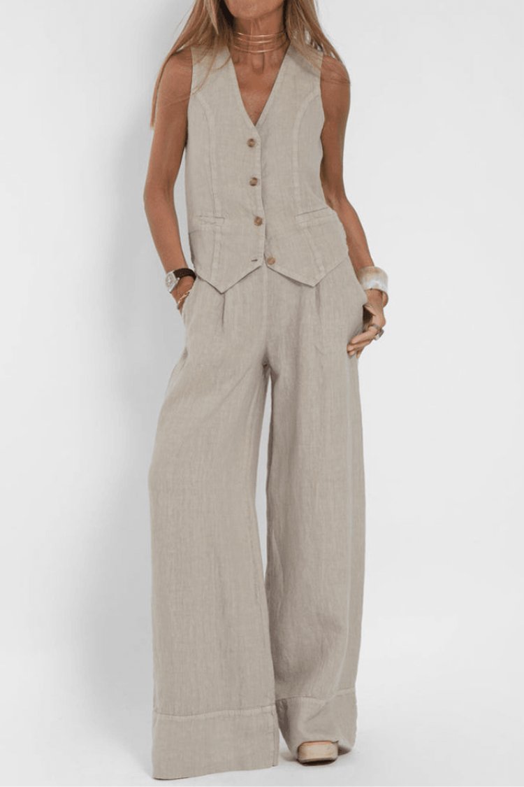 Women's Sleeveless Wide-Leg Two-Piece Set - Beige