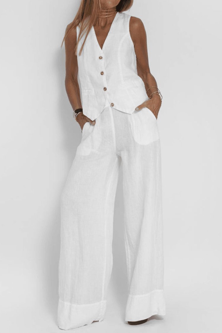 Women's Sleeveless Wide-Leg Two-Piece Set - White