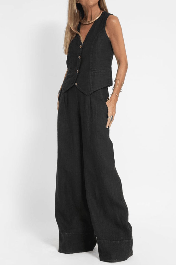 Women's Sleeveless Wide-Leg Two-Piece Set - Black