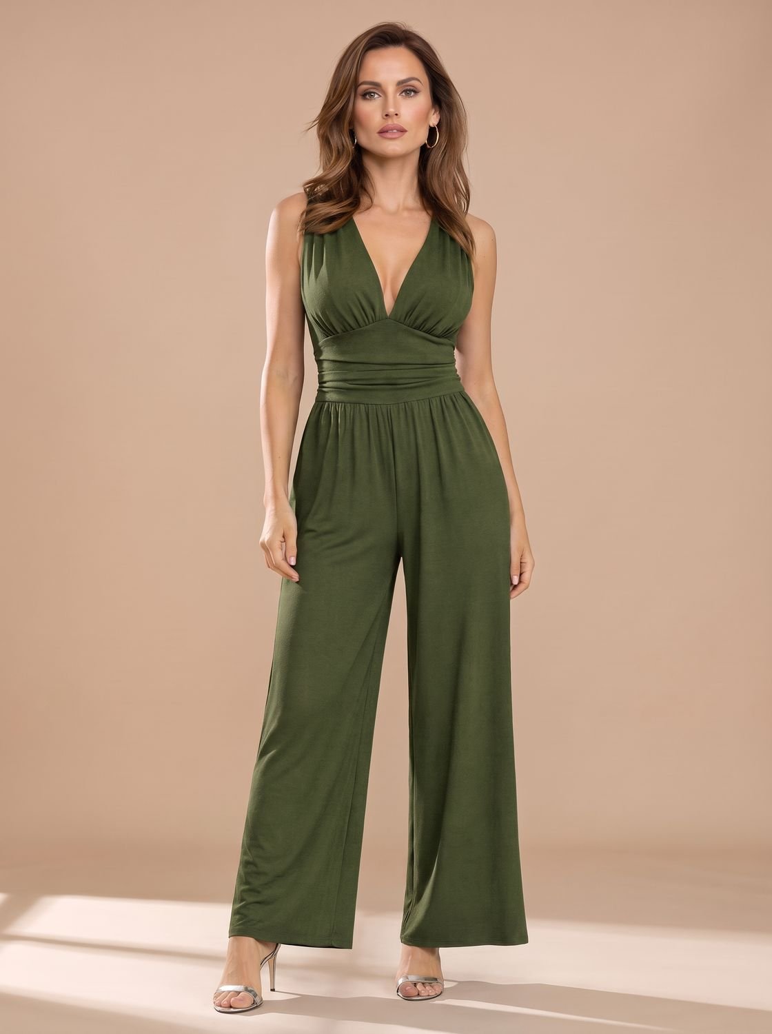 Women's Sleeveless Wide-Leg V-Neck Jumpsuit - Dark Green