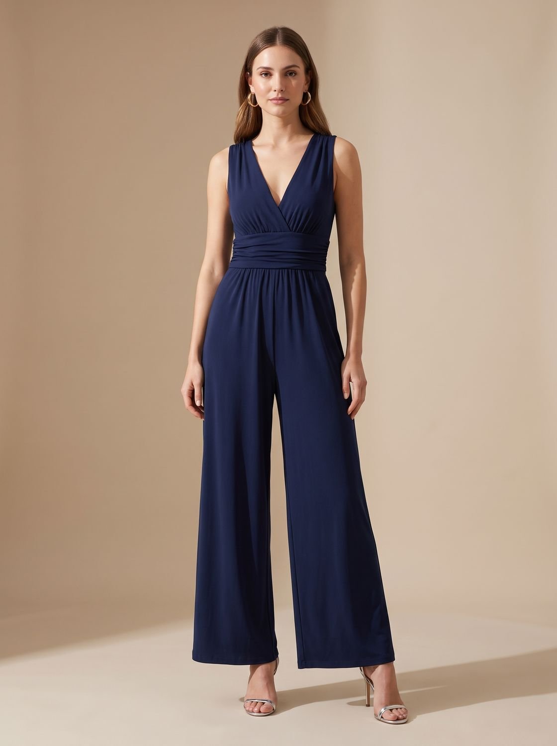 Women's Sleeveless Wide-Leg V-Neck Jumpsuit - Navy
