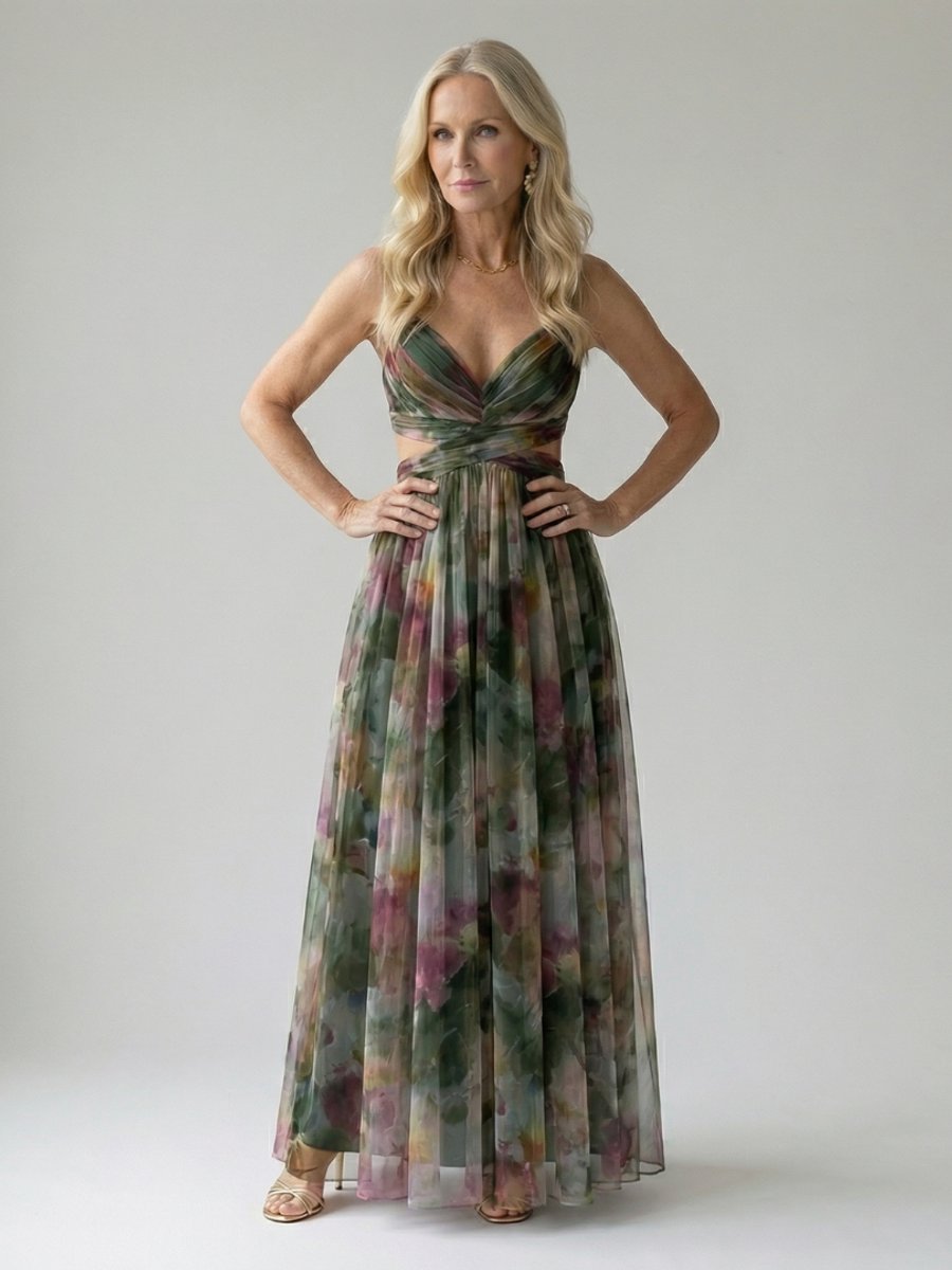 Women's Sleeveless Wrap V-Neck Floral Summer Dress Maxi - Dark Green