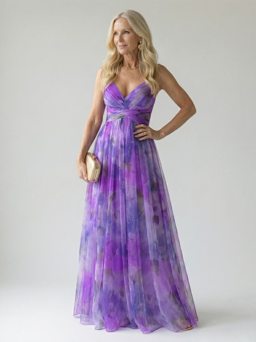 Women's Sleeveless Wrap V-Neck Floral Summer Dress Maxi - Purple