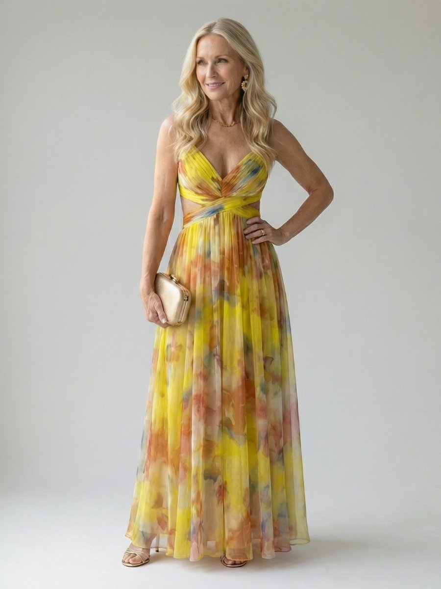 Women's Sleeveless Wrap V-Neck Floral Summer Dress Maxi - Yellow