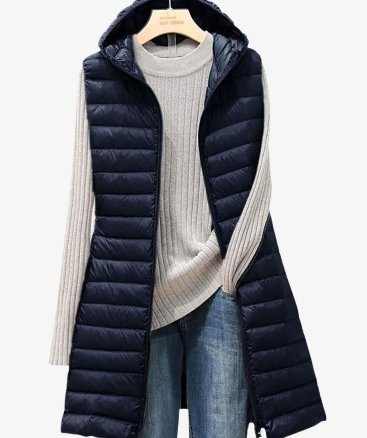 Women's Slim-Fit Hooded Quilted Long Puffer Vest Denim Jacket Layer - Navy Blue