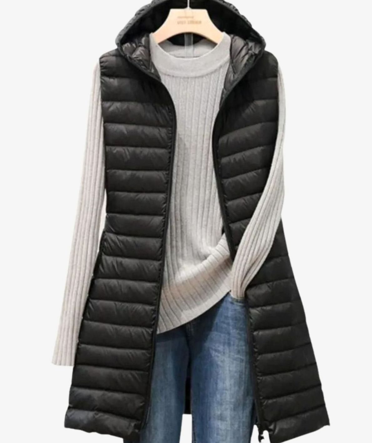 Women's Slim-Fit Hooded Quilted Long Puffer Vest Denim Jacket Layer - Black
