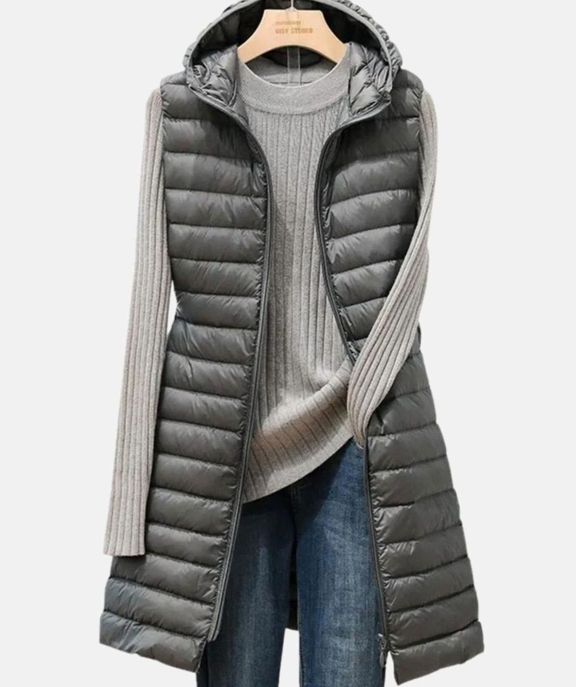 Women's Slim-Fit Hooded Quilted Long Puffer Vest Denim Jacket Layer - Grey