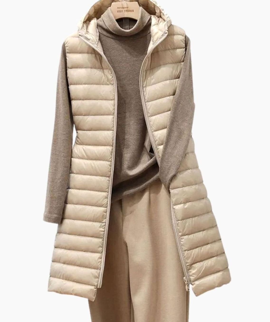 Women's Slim-Fit Hooded Quilted Long Puffer Vest Denim Jacket Layer - Khaki