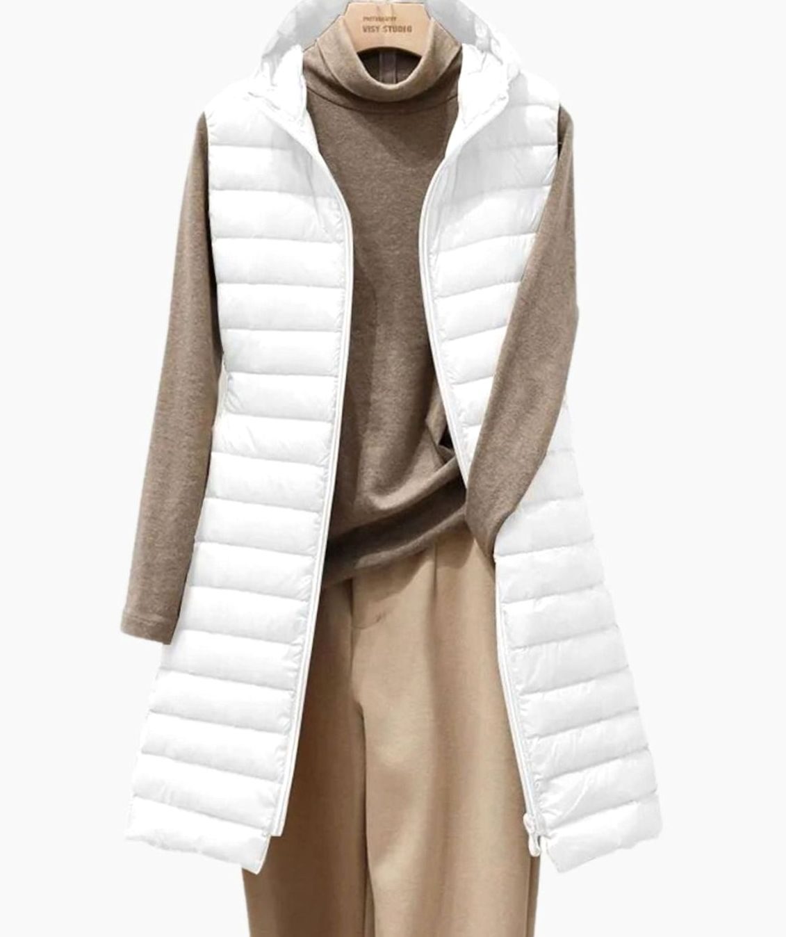 Women's Slim-Fit Hooded Quilted Long Puffer Vest Denim Jacket Layer - White