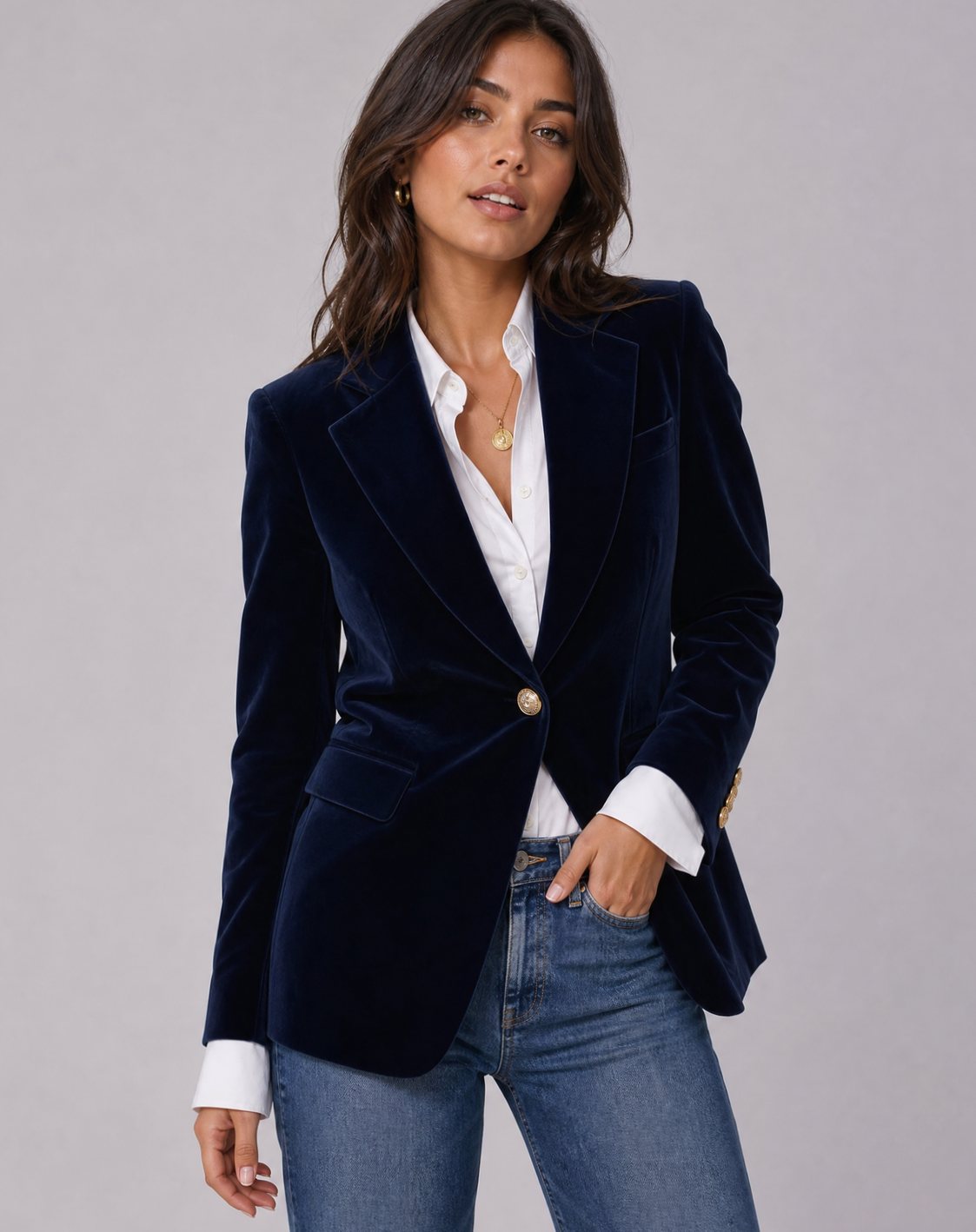 Women's Slim-Fit Velvet Gold-Button Structured Blazer - Navy Blue