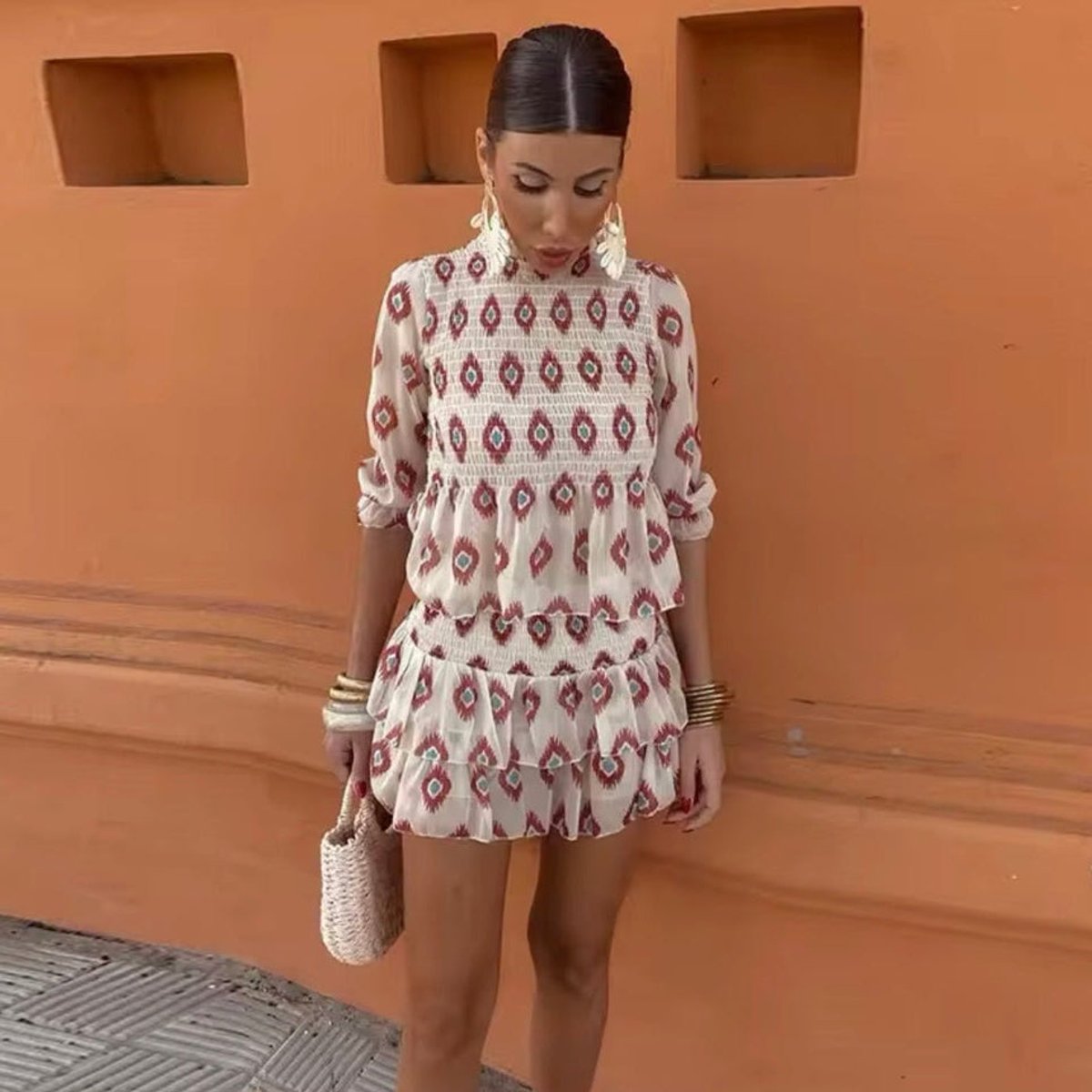 Women's Smocked Boho-Print Tiered Mini Wedding Guest Dress