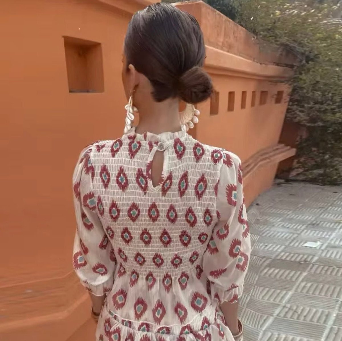 Women's Smocked Boho-Print Tiered Mini Wedding Guest Dress