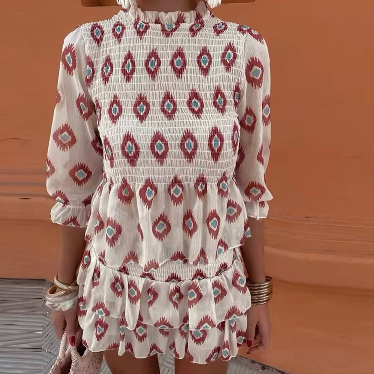 Women's Smocked Boho-Print Tiered Mini Wedding Guest Dress