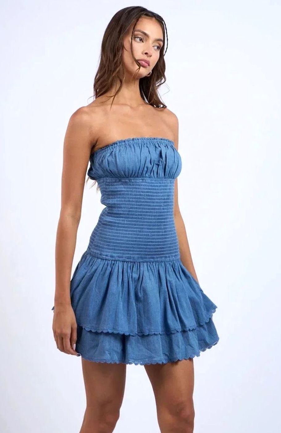 Women's Smocked Bustier Tiered-Ruffle Strapless Mini Dress
