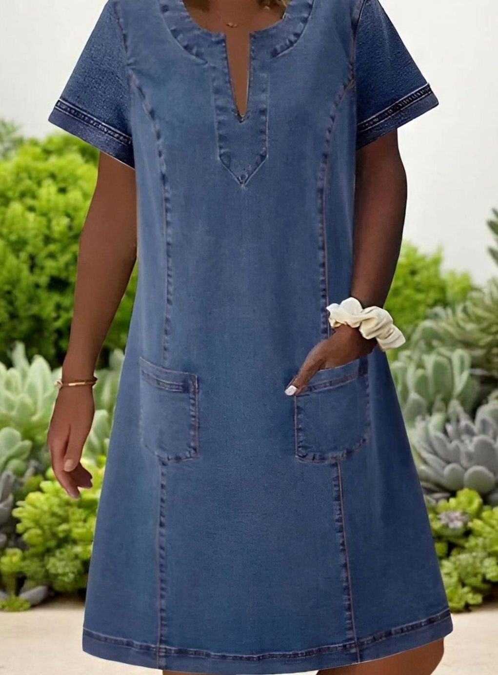 Women's Soft Denim V-Neck Short-Sleeve Mini Dress Pockets - Blue