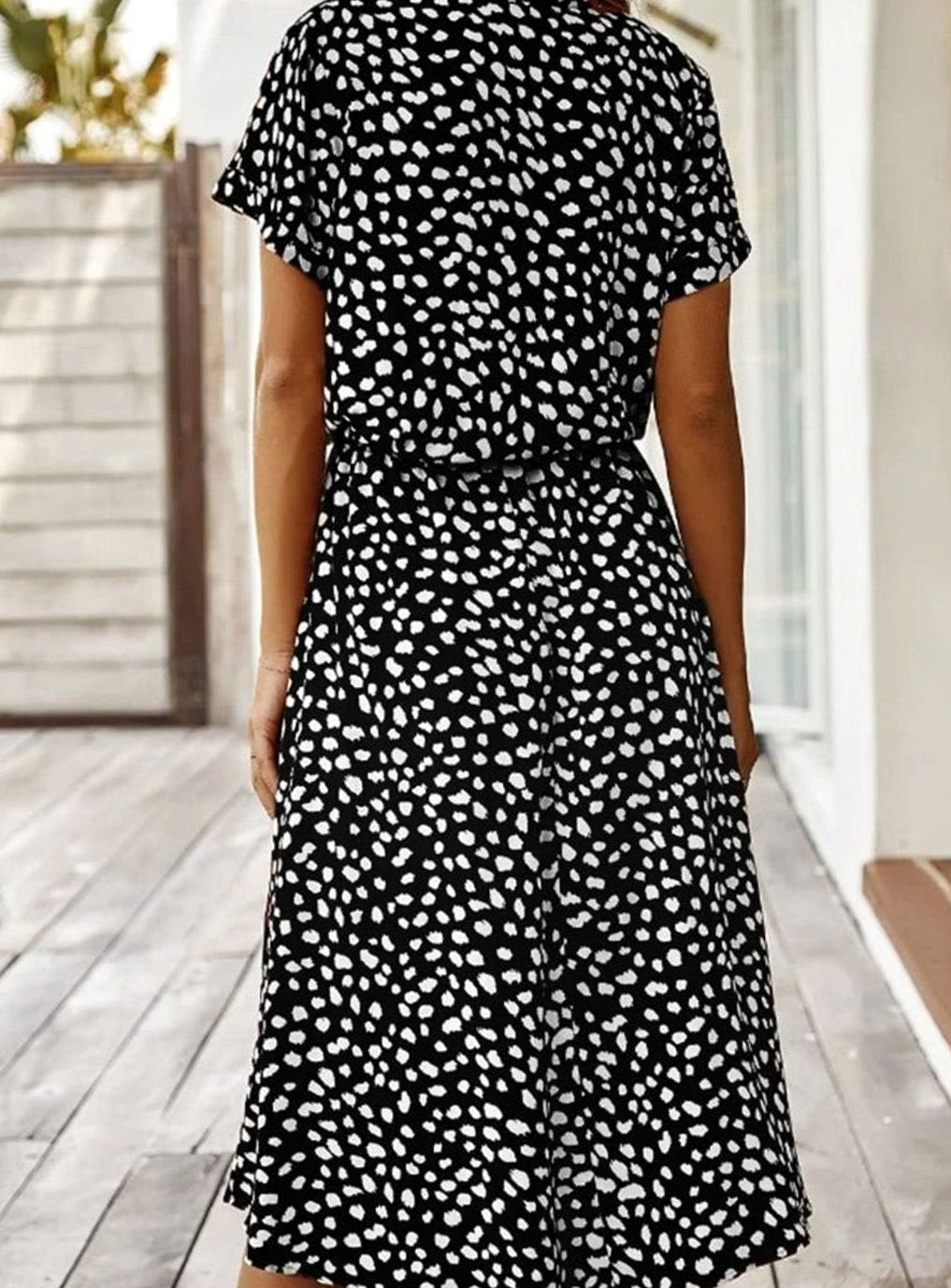 Women's Spotted Print Short-Sleeve Midi Shirt Dress