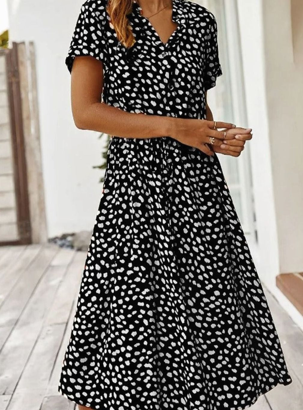 Women's Spotted Print Short-Sleeve Midi Shirt Dress