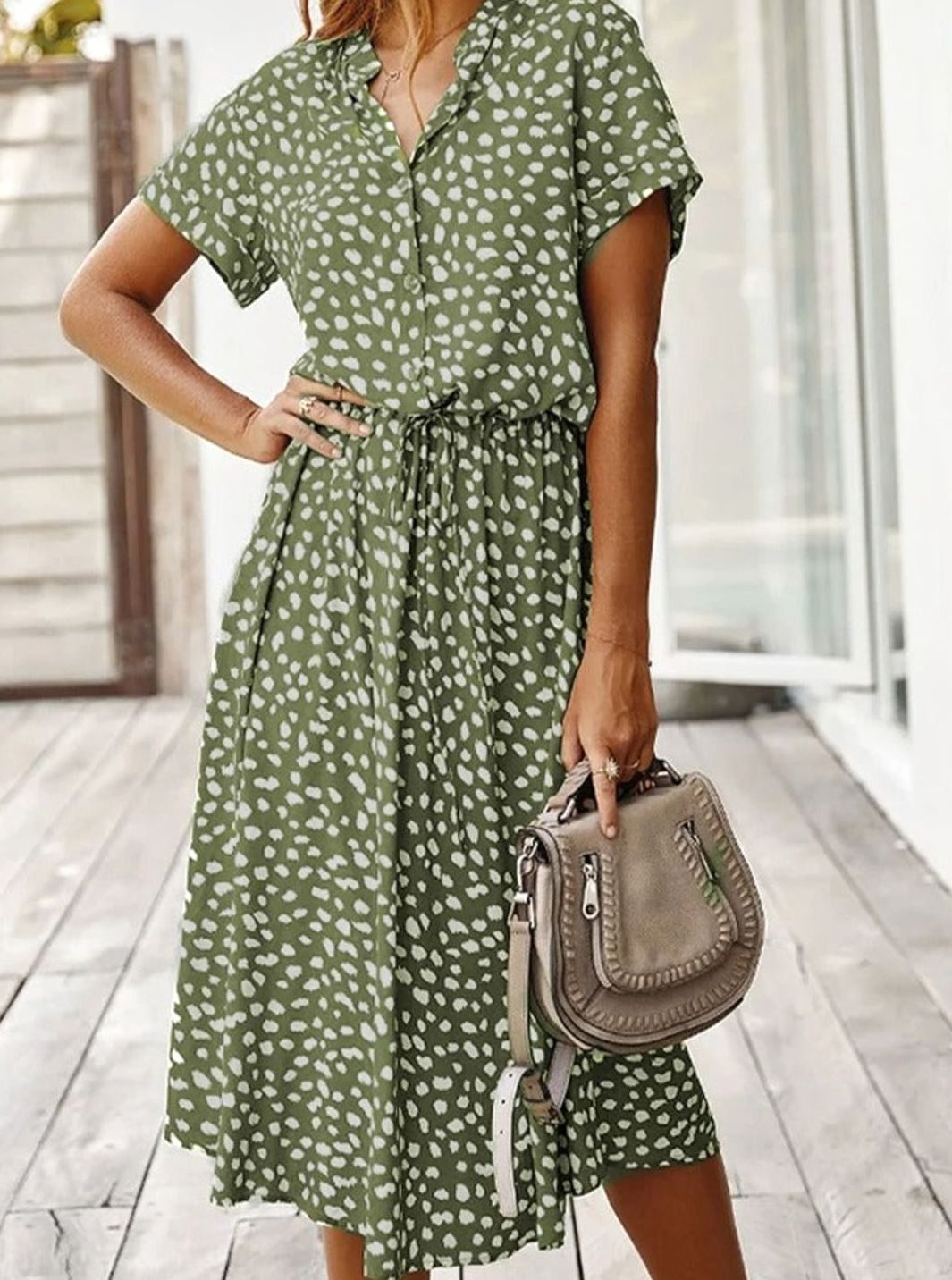 Women's Spotted Print Short-Sleeve Midi Shirt Dress - Green
