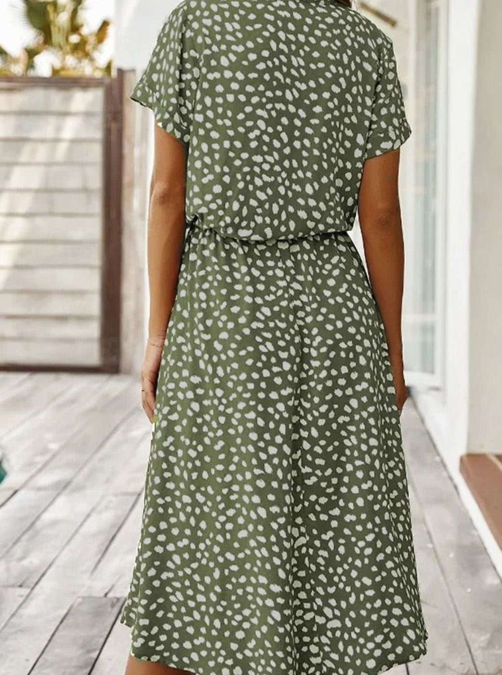 Women's Spotted Print Short-Sleeve Midi Shirt Dress