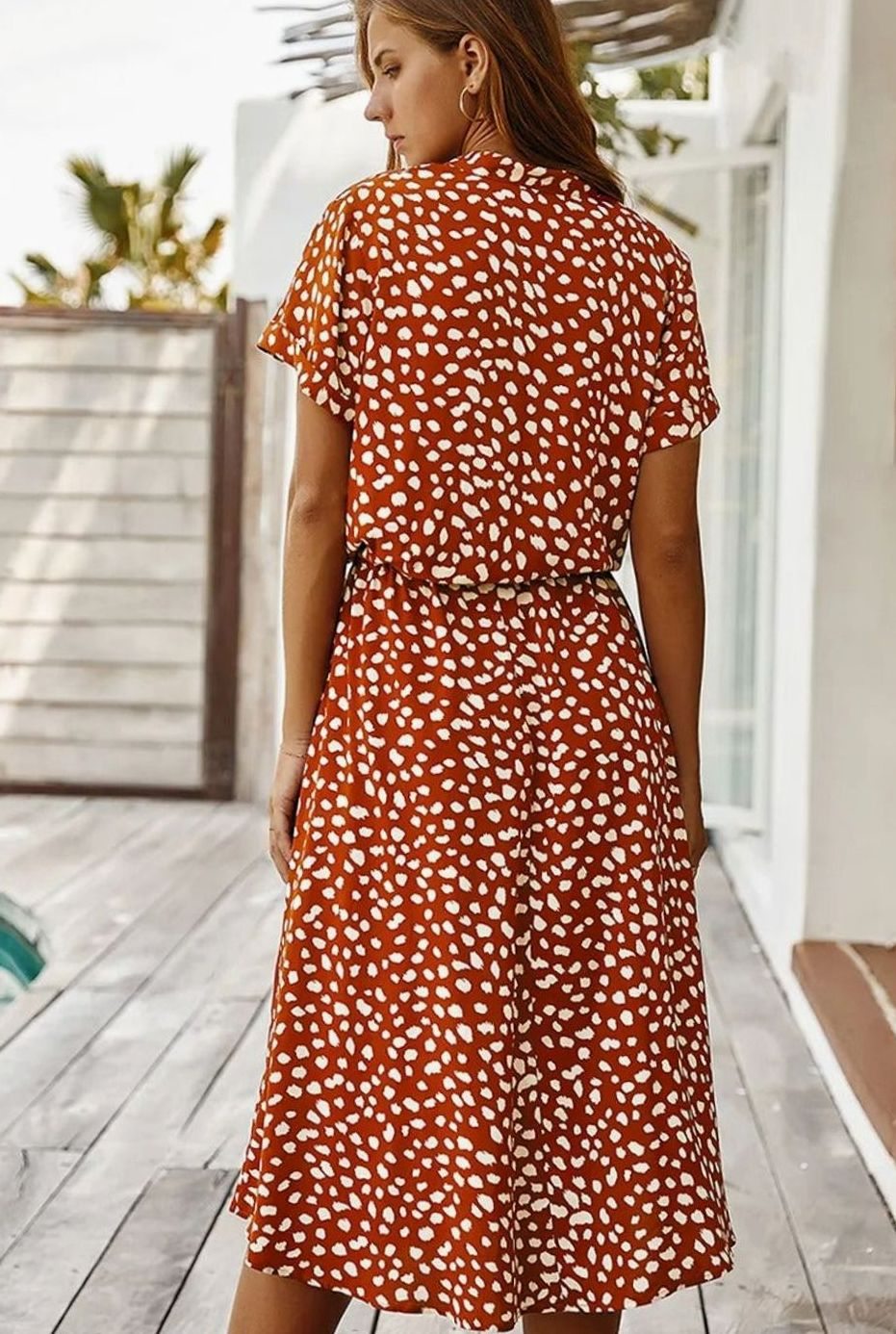 Women's Spotted Print Short-Sleeve Midi Shirt Dress
