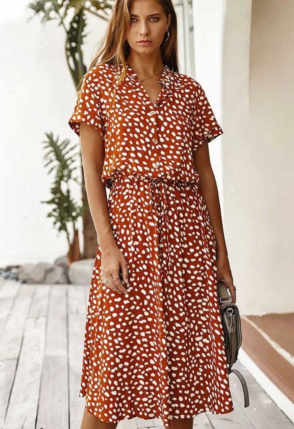 Women's Spotted Print Short-Sleeve Midi Shirt Dress - Orange Red