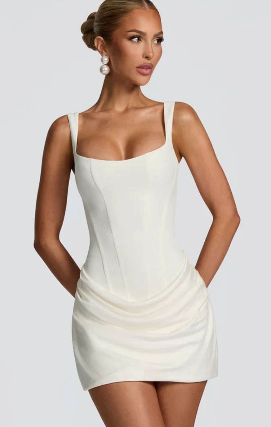 Women's Square-Neck Draped Fitted White Mini Wedding Guest Dress - White