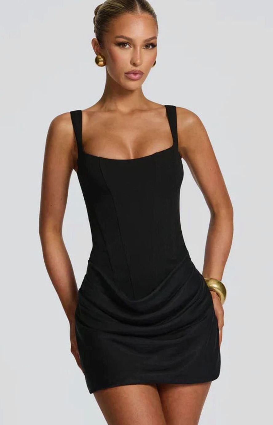 Women's Square-Neck Draped Fitted White Mini Wedding Guest Dress - Black
