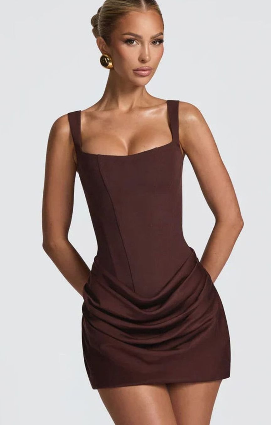 Women's Square-Neck Draped Fitted White Mini Wedding Guest Dress - Brown