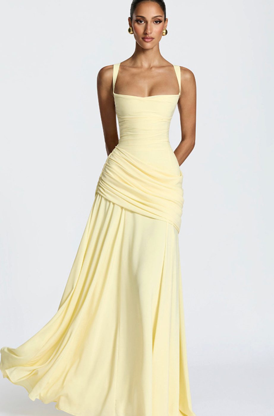 Women's Square Neck Draped Waist Sleeveless Maxi Dress - Light Yellow