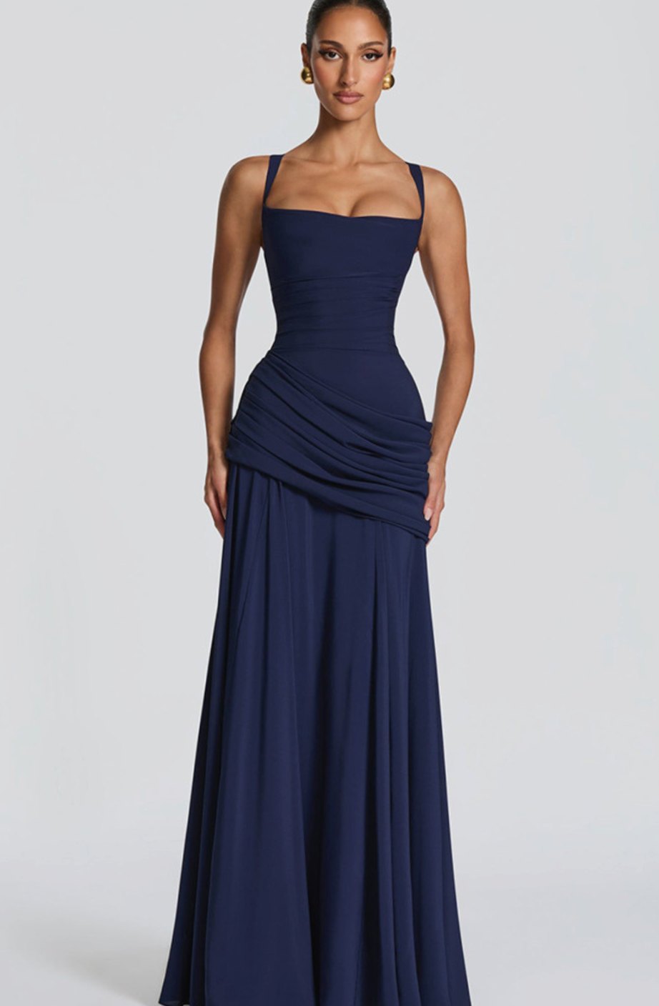 Women's Square Neck Draped Waist Sleeveless Maxi Dress - Dark Blue