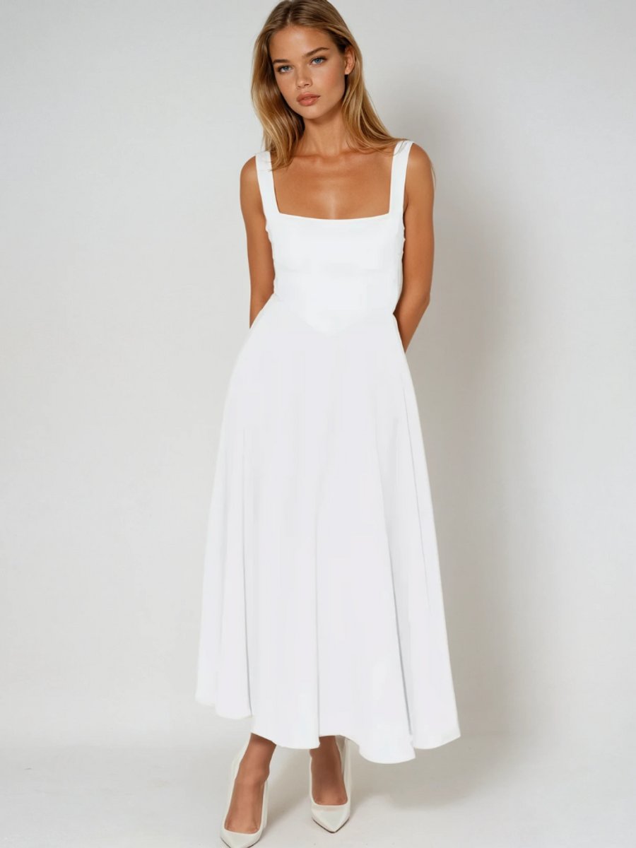 Women's Square-Neck Fit-and-Flare Sleeveless Midi Dress - White