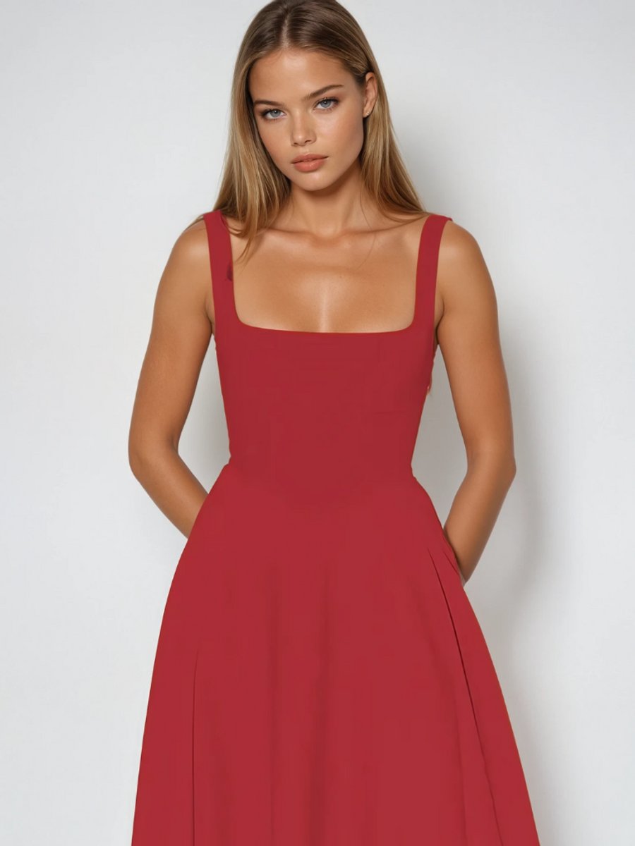 Women's Square-Neck Fit-and-Flare Sleeveless Midi Dress