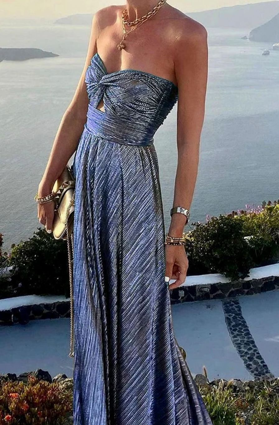Women's Strapless Bustier Pleated Shimmer Wedding Guest Dress - Blue