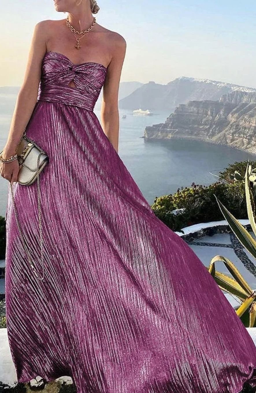 Women's Strapless Bustier Pleated Shimmer Wedding Guest Dress - Champagne
