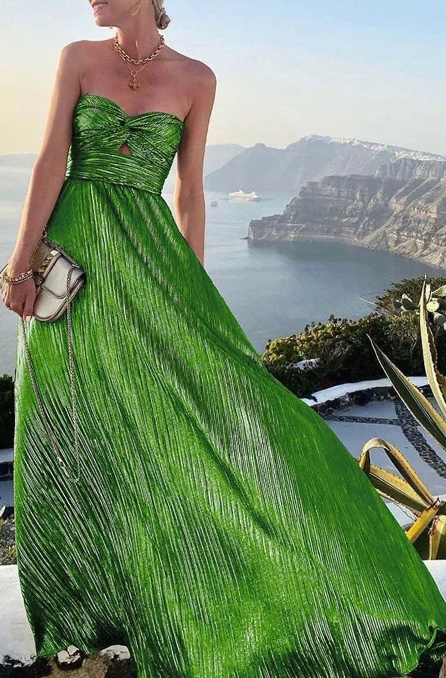 Women's Strapless Bustier Pleated Shimmer Wedding Guest Dress